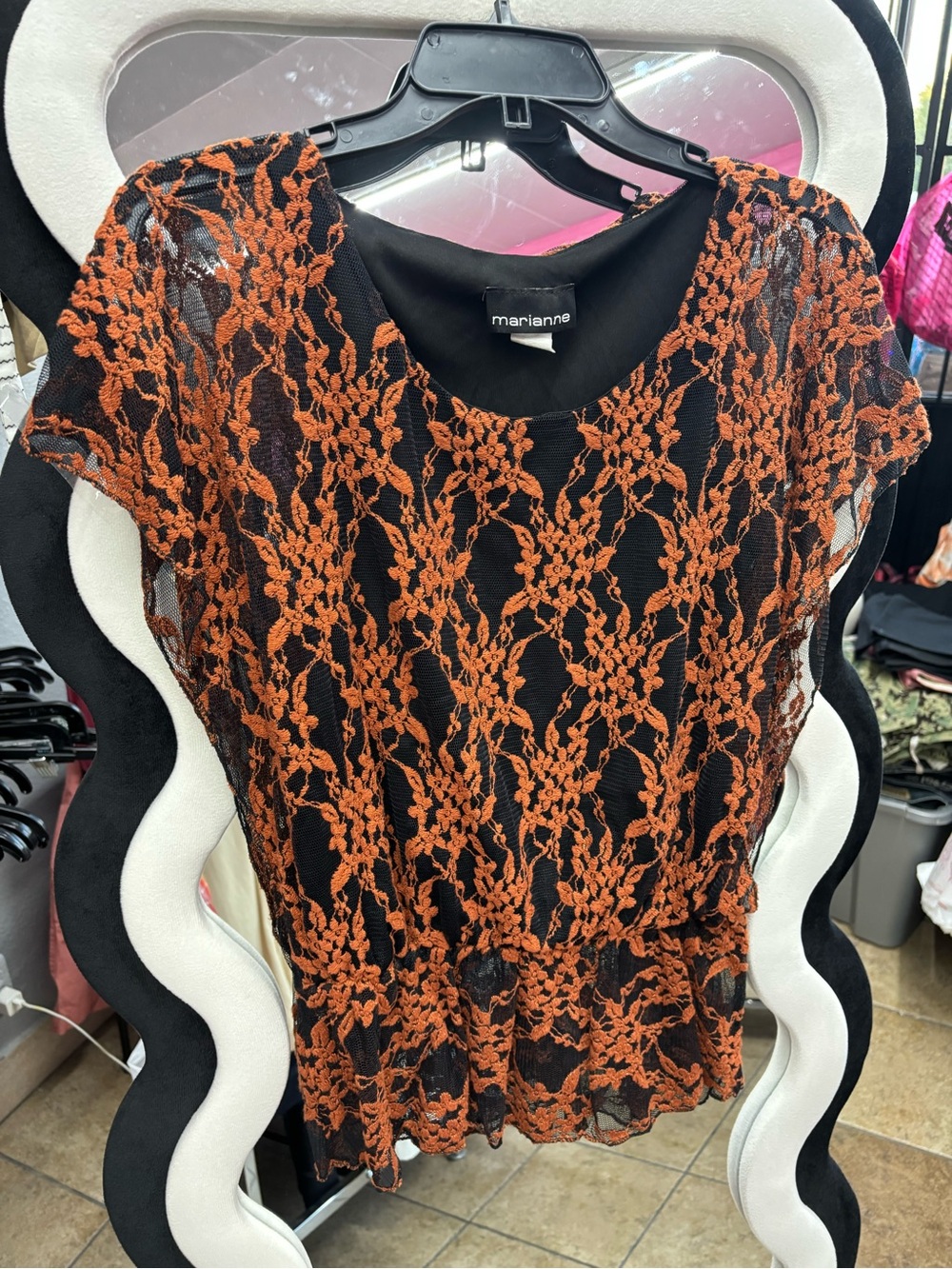VINTAGE Y2K MARIANNE Black Top with Orange Lace Overlay